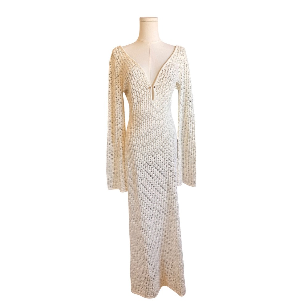 MESHKI Cream Crochet Knit Maxi Dress Long Sleeve V-Neck Large